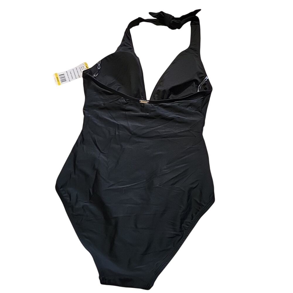 DKNY NWT One Piece Swimsuit Womens M Black Rouched Slim Sides V Neck Tie Halter - Picture 2 of 8